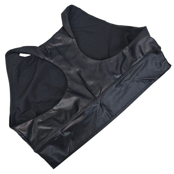 Womens Plus Size 1X Shiny Black Metallic Razor Back Exercise Gym Yoga Sports Bra - Picture 2 of 10